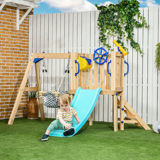 Swing Set for Backyard, Wooden Toddler Outdoor Playset with Baby Swing Seat, Kids Slide, Fort, Playground Equipment with Captain's Wheel, Telescope for Ages 1.5-4, Natural